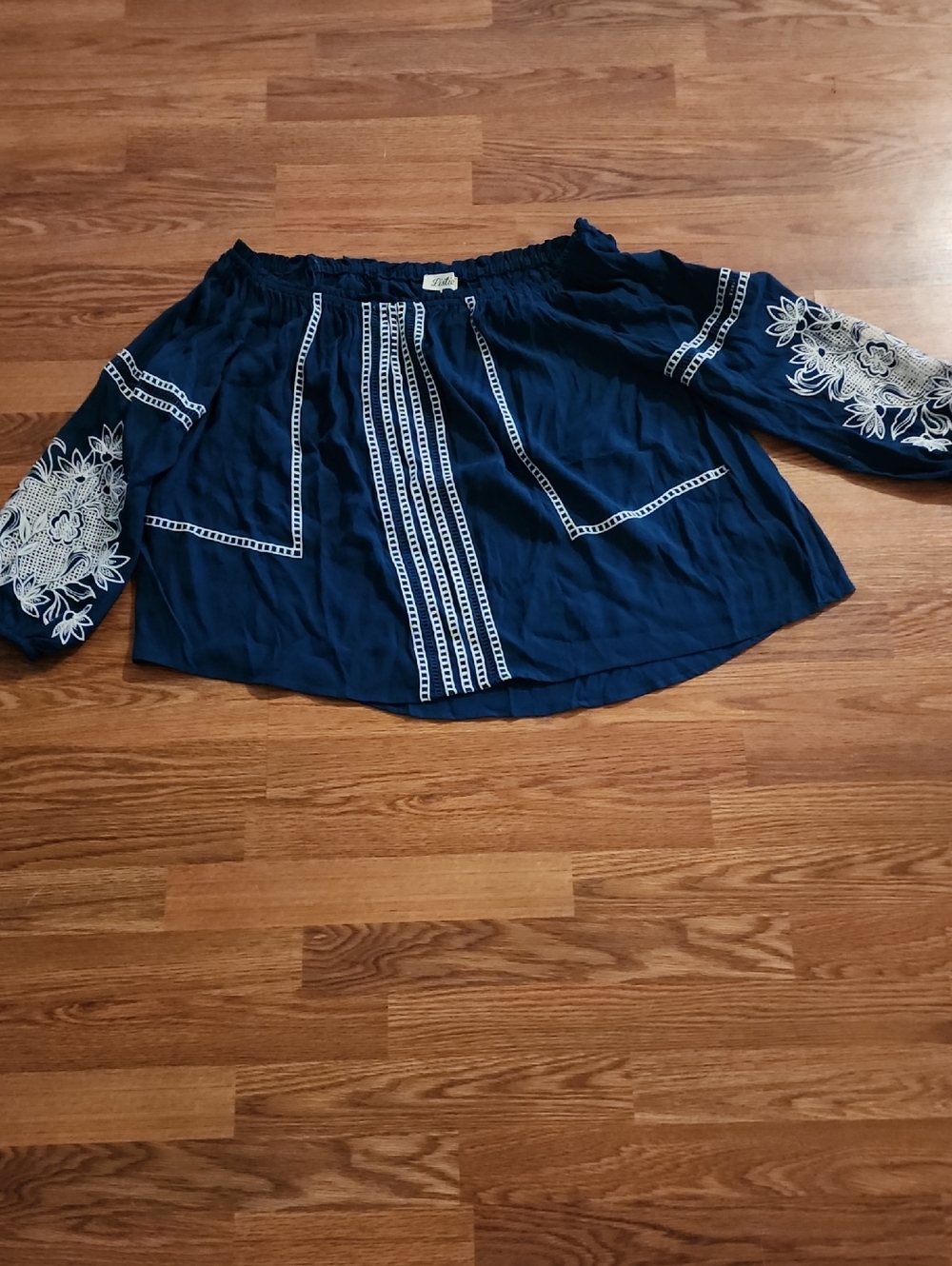 Listicle Navy Blue Off-Shoulder Embroidered Blouse